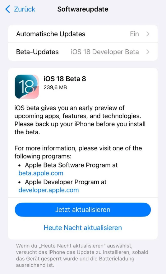 恩平苹果手机维修分享苹果 iOS / iPadOS 18 开发者预览版 Beta 8 发布 